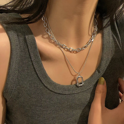 Square Double Link Layered Necklace Set – Punk Hip Hop Chain for Women
