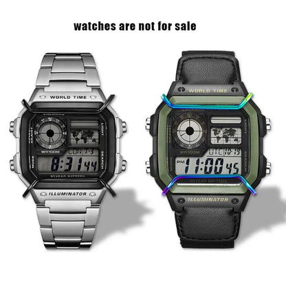 Two digital watches, one silver and one green with black strap, on a white background.