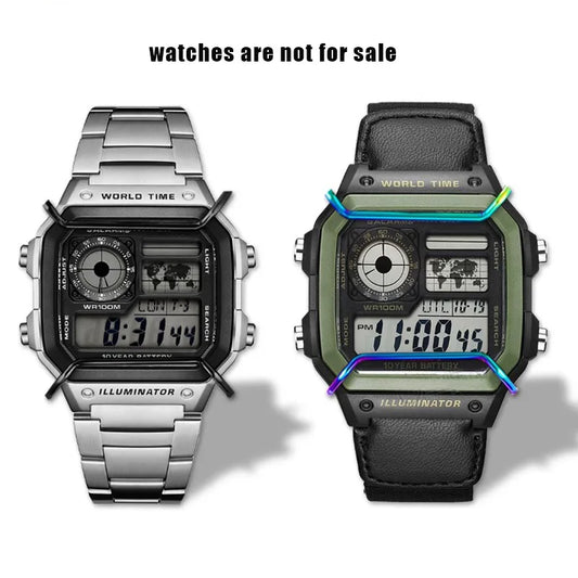 Two digital watches, one silver and one green with black strap, on a white background.