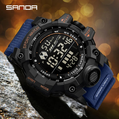 Sanda sports watch with blue strap on a textured surface and blurred background