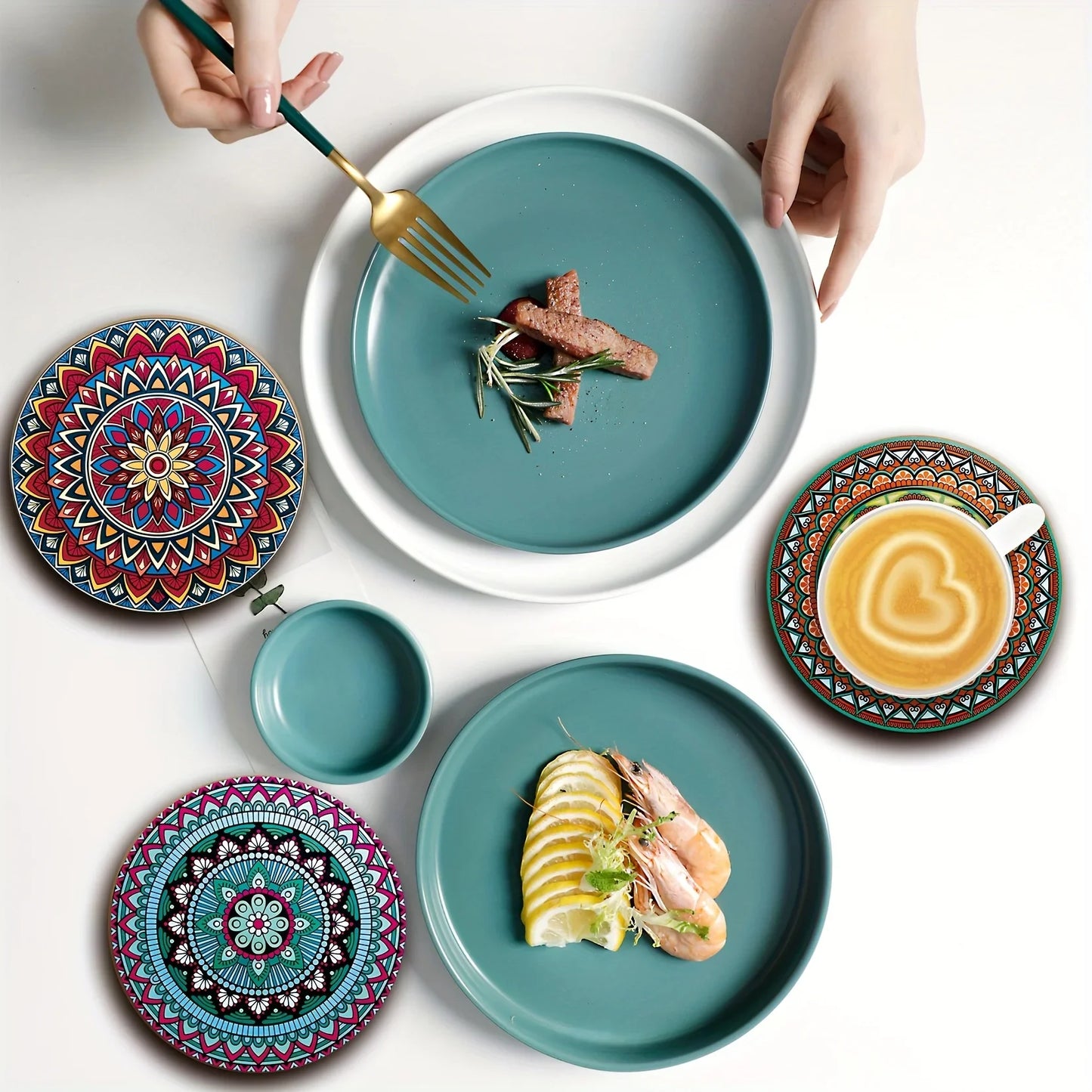 Wooden Mandala Coasters Set – 8pcs Decorative Heat-Resistant Table Coasters for Home, Office & Bar