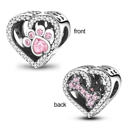 925 Sterling Silver Dog Paw Heart Zircon Charm – Pink Pet DIY Jewelry