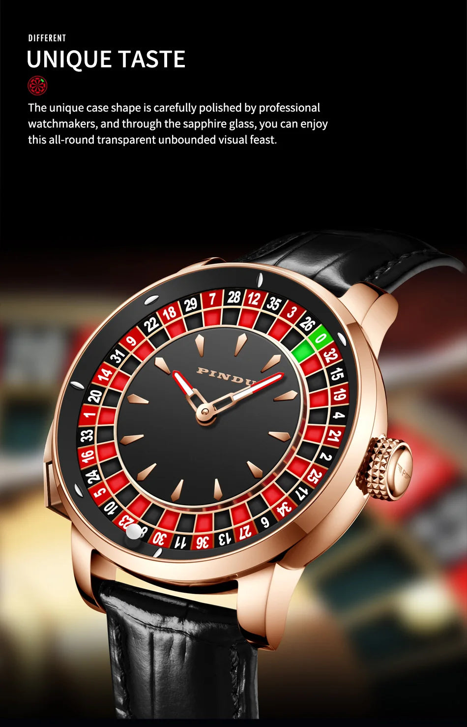 PINDU Players Gambling Series Men's Mechanical Watch European Roulette Poker Game Dial Automatic Movement Design Party Watch