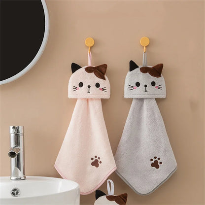 Cute Cat Coral Velvet Hand Towel – Soft Absorbent Hanging Towel for Kitchen & Bathroom