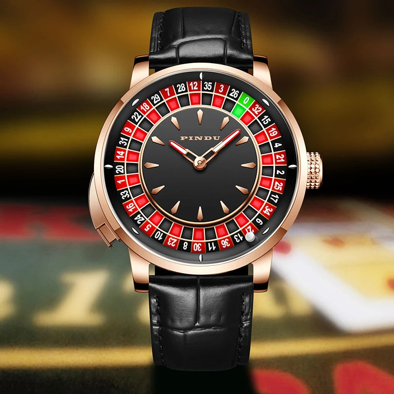 PINDU Players Gambling Series Men's Mechanical Watch European Roulette Poker Game Dial Automatic Movement Design Party Watch