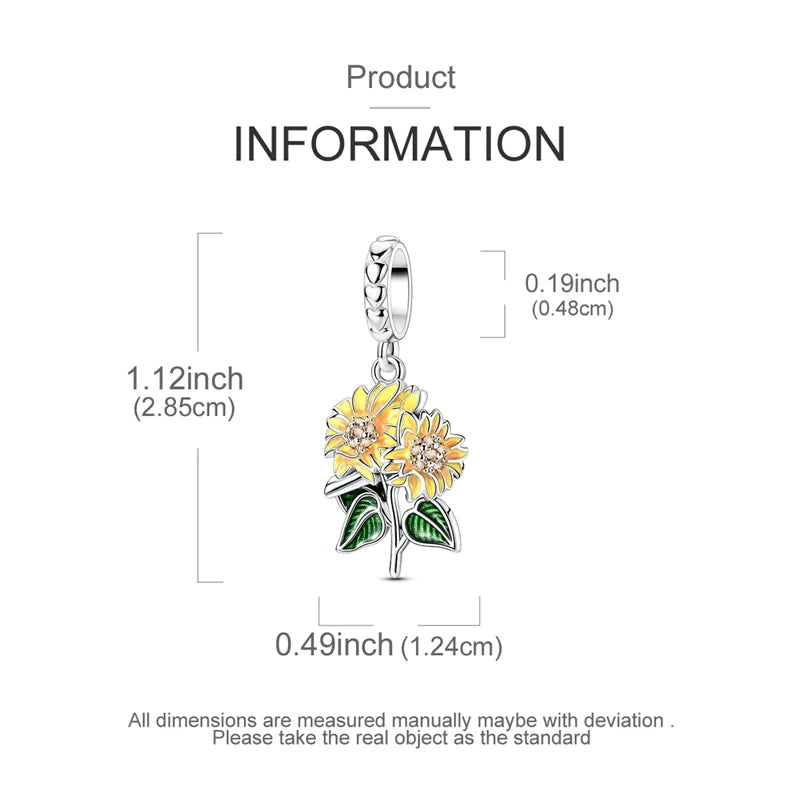925 Sterling Silver Sunflower & Lucky Stars Charm – Sun Moon Diamond DIY Jewelry