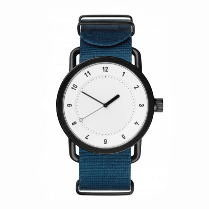 Watch with blue strap and black case on a white background