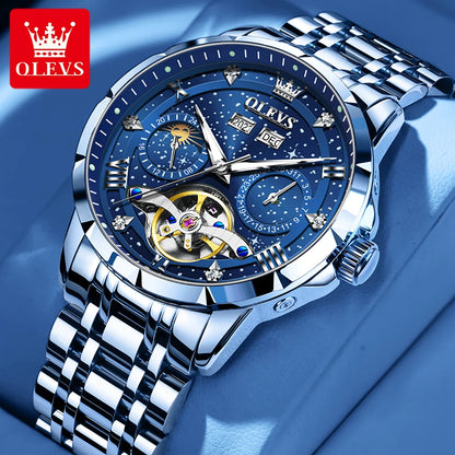 Silver watch with blue face and OLEVS branding on a blue background