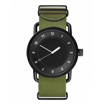 Watch with green strap and black case on a white background