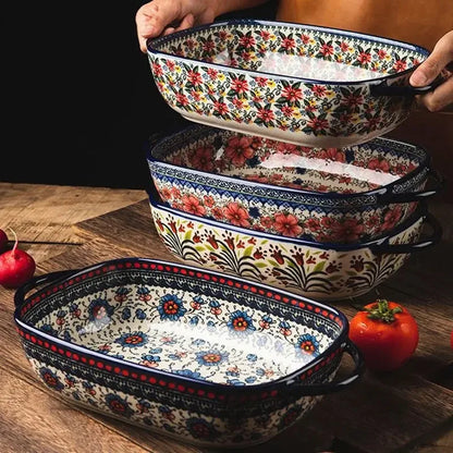 Polish-Style Ceramic Baking Tray – Oven & Microwave-Safe Large Salad & Fruit Cake Rectangular Plate