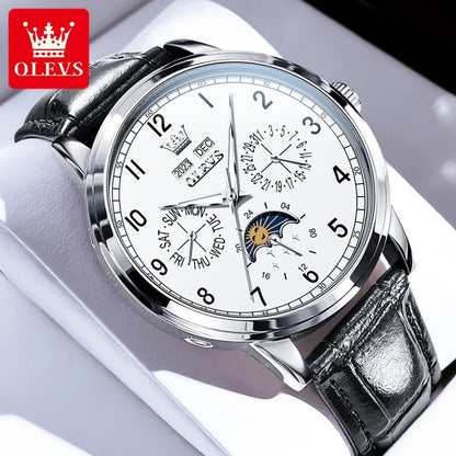 OLEVS watch with detailed face and leather strap on a white background