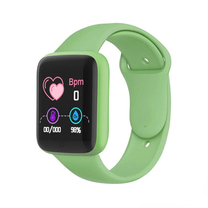 Green smartwatch with a black display on a white background