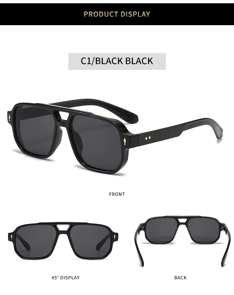 Retro Double Bridge Square Sunglasses – Luxury Rivet Design UV400 Unisex