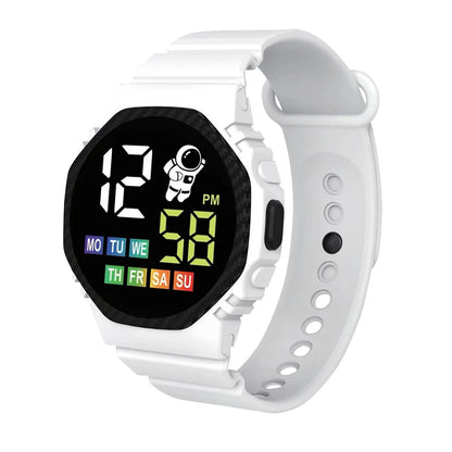 Digital watch with a white strap on a white background