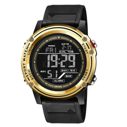 Digital watch with black strap and gold casing on a white background