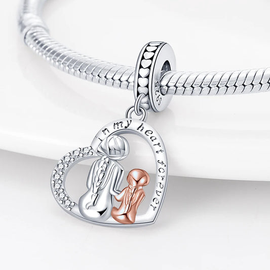 925 Sterling Silver Classic Mom and Daughter Heart Shaped Charms Pendants Fit Pandach Original Bracelet DIY Mother's Day Jewelry