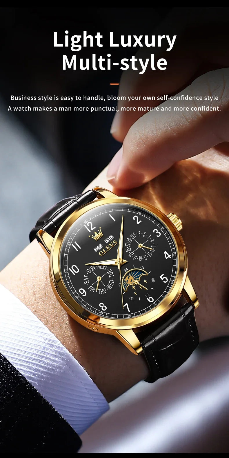 Olevs 6698 automatic watch luxury leather strap calendar waterproof luminous moon phase mechanical watch men