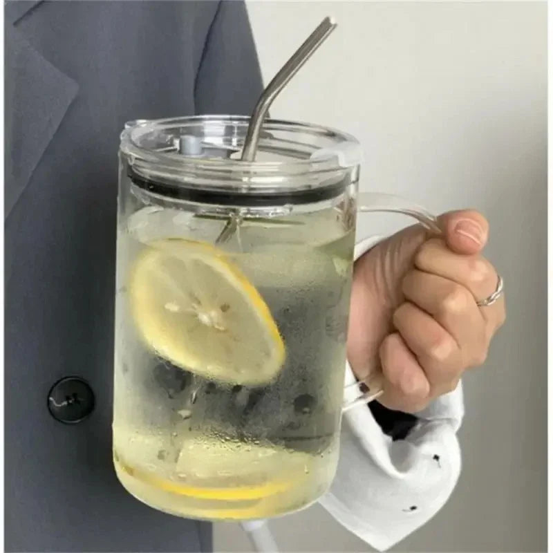 1L Large Glass Cup with Lid & Straw – Iced Coffee Juice Water Mug