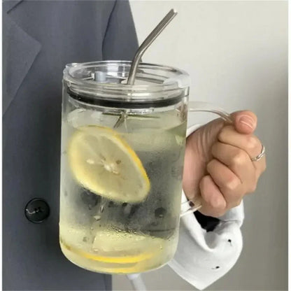 1L Large Glass Cup with Lid & Straw – Iced Coffee Juice Water Mug