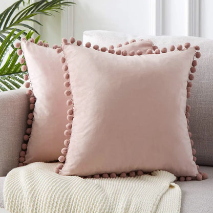 Soft Velvet Decorative Cushion Cover with Pom-Pom Ball – Sofa & Bedroom Pillowcase Blue Pink
