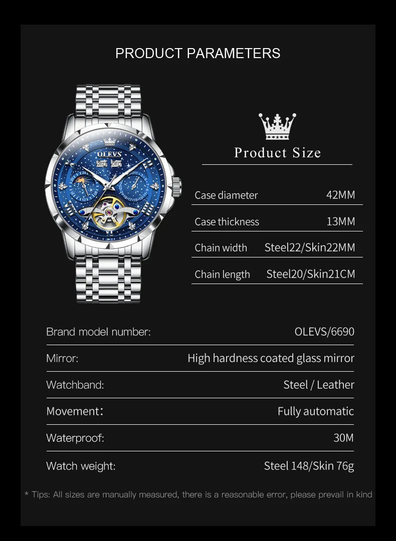 OLEVS 6689 Automatic Watch for Men Starry Sky Tourbillon Design Moon Phase Date Stainless steel Luminous Waterproof Wristwatch