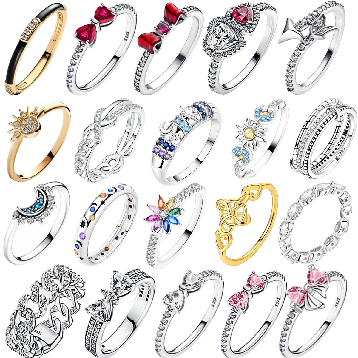 New Ring Original 925 Sterling Ring Heart Bow Sun Moon Star Flower Crown For Women Mother's Day Valentine's Day Gift DIY Jewelry