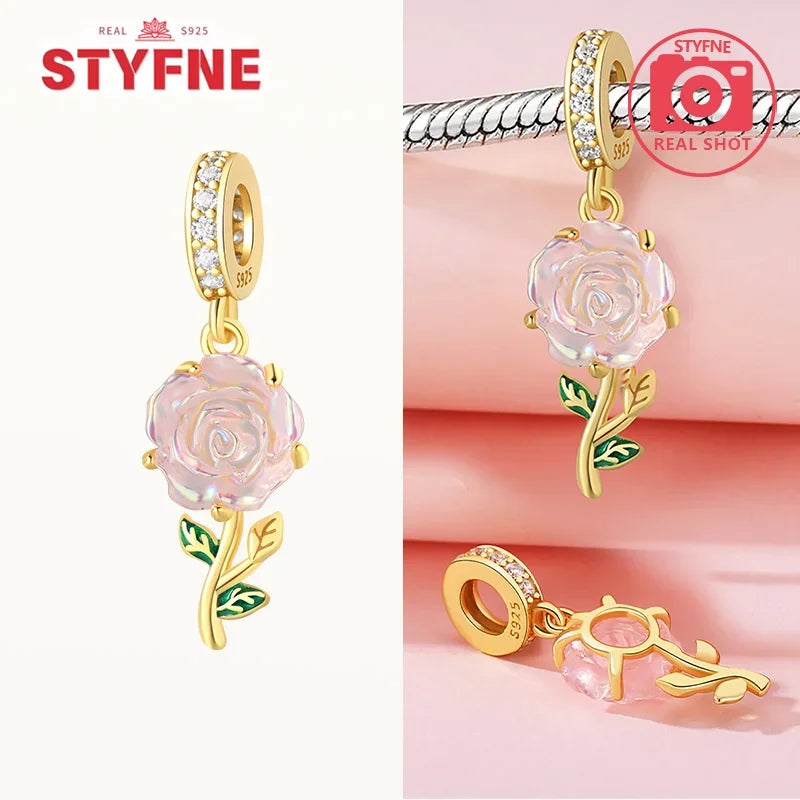 925 Silver Rose Pink Flower Shiny  Zircon Charm Beads For Original Charms Original Bracelet for Women DIY fine Jewelry Gift