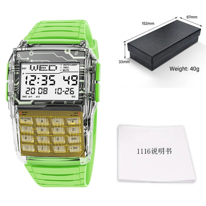 Green digital watch with clear face, packaging, and manual on a white background
