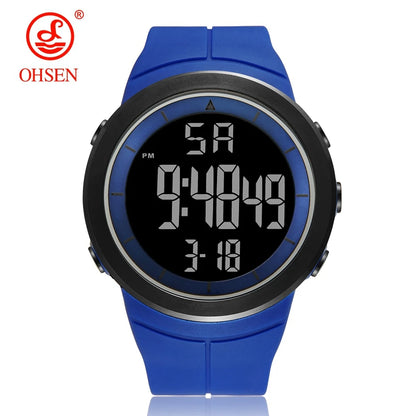 Blue digital watch with black display on a white background, featuring the OHSEN brand.