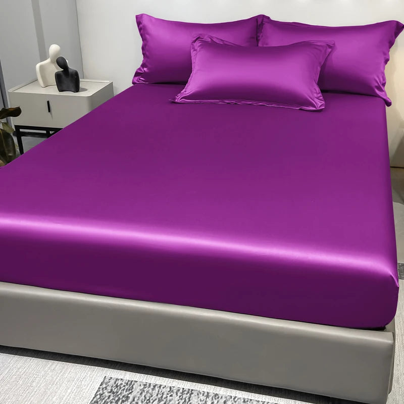 Modern Satin Ice Silk Solid Color Fitted Sheet – Smooth Bedroom Bedspread (Excluding Pillowcases)