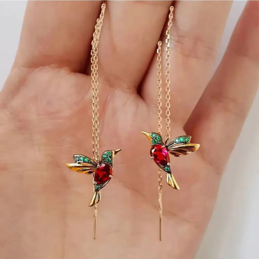 Hummingbird CZ Drop Earrings – Gold Color Zinc Alloy Long Dangle Earrings for Women