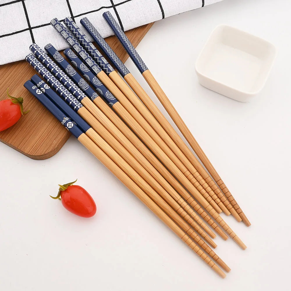 Anti-skid Handmade Bamboo 1Set Portable Reusable Japanese Style Natural Wood Chopsticks Food Blue Wooden Chopsticks Set