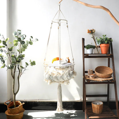 Bohemian Handmade Cat Hammock - 40cm Macrame Cotton Rope Swing - BeeTrendyShop.COM