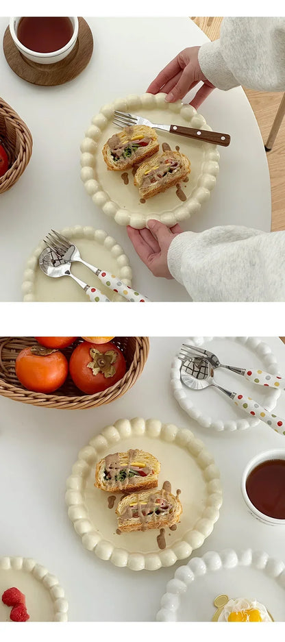 French-Style Beaded Ceramic Dessert Plate – Ins Style Breakfast & Ornament Serving Dish