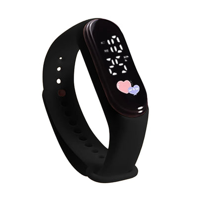 Black smartwatch with a digital display on a white background
