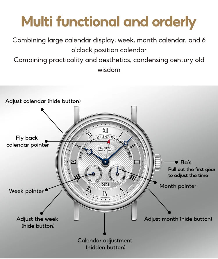 FARASUTE Men's Mechanical Watch Flyback Function Seagull Movement Month Display Week Display Calendar YearDisplay Sapphire Watch