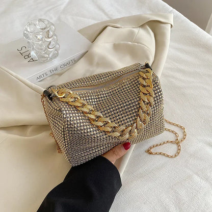 Allover Rhinestone Bucket Bag, Glitter Chain Prom Purse, Women's Mini Crossbody Bag - BeeTrendyShop.COM