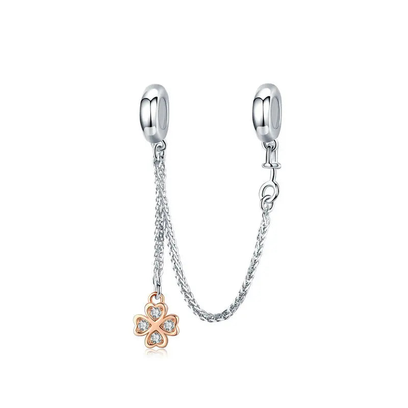 WOSTU 925 Sterling Silver Amimal Safety Chain Heart Key Flower Pendant CZ Charms Stopper Fit Original Bracelet DIY Fine Jewelry