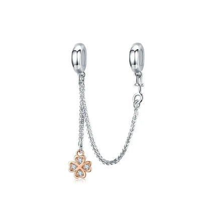 925 Sterling Silver Safety Chain Charm – Heart, Key & Flower CZ Stopper Bead