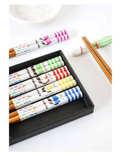 5-Pair Cute Multi-Color Bamboo Chopsticks Set – Non-Slip Household Wooden Tableware