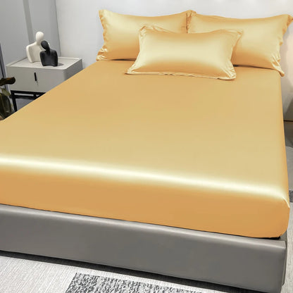 Modern Satin Ice Silk Solid Color Fitted Sheet – Smooth Bedroom Bedspread (Excluding Pillowcases)