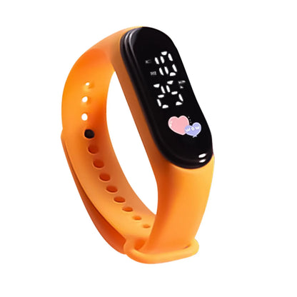 Orange smartwatch with a black screen on a white background