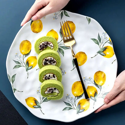 Creative Lemon Pattern Ceramic Dinner Plate – Irregular Shape Nordic Salad & Steak Platter