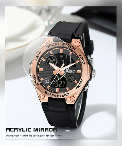 Black and rose gold sports watch with acrylic mirror on a white background