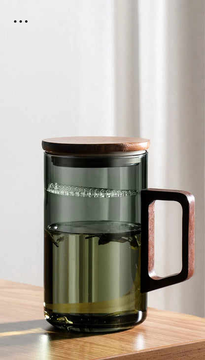 Glass Coffee Mug with Wooden Handle – Transparent Tea Cup Kitchen Coffeeware