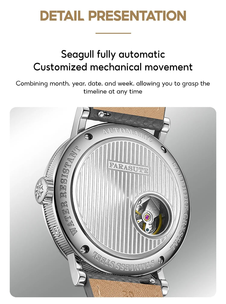 FARASUTE Men's Mechanical Watch Flyback Function Seagull Movement Month Display Week Display Calendar YearDisplay Sapphire Watch
