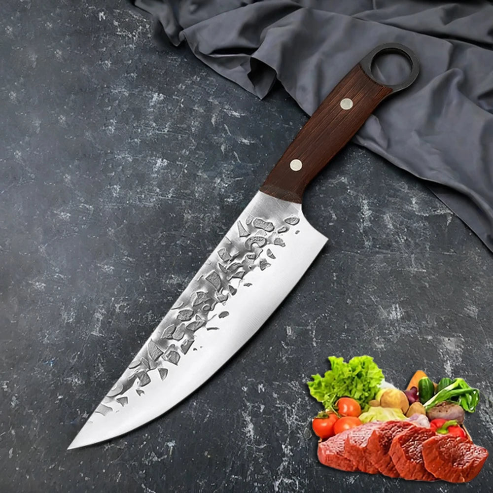 8inch Hammer Forged Japanese Chef Butcher Kitchen Knife with Solid Wood Handle Slicing Boning Sushi Meat Cutting Culinary Tool