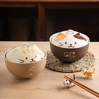 Japanese Cute Cartoon Animal Ceramic Soup Bowl with Lid – Instant Noodle & Rice Bowl Tableware
