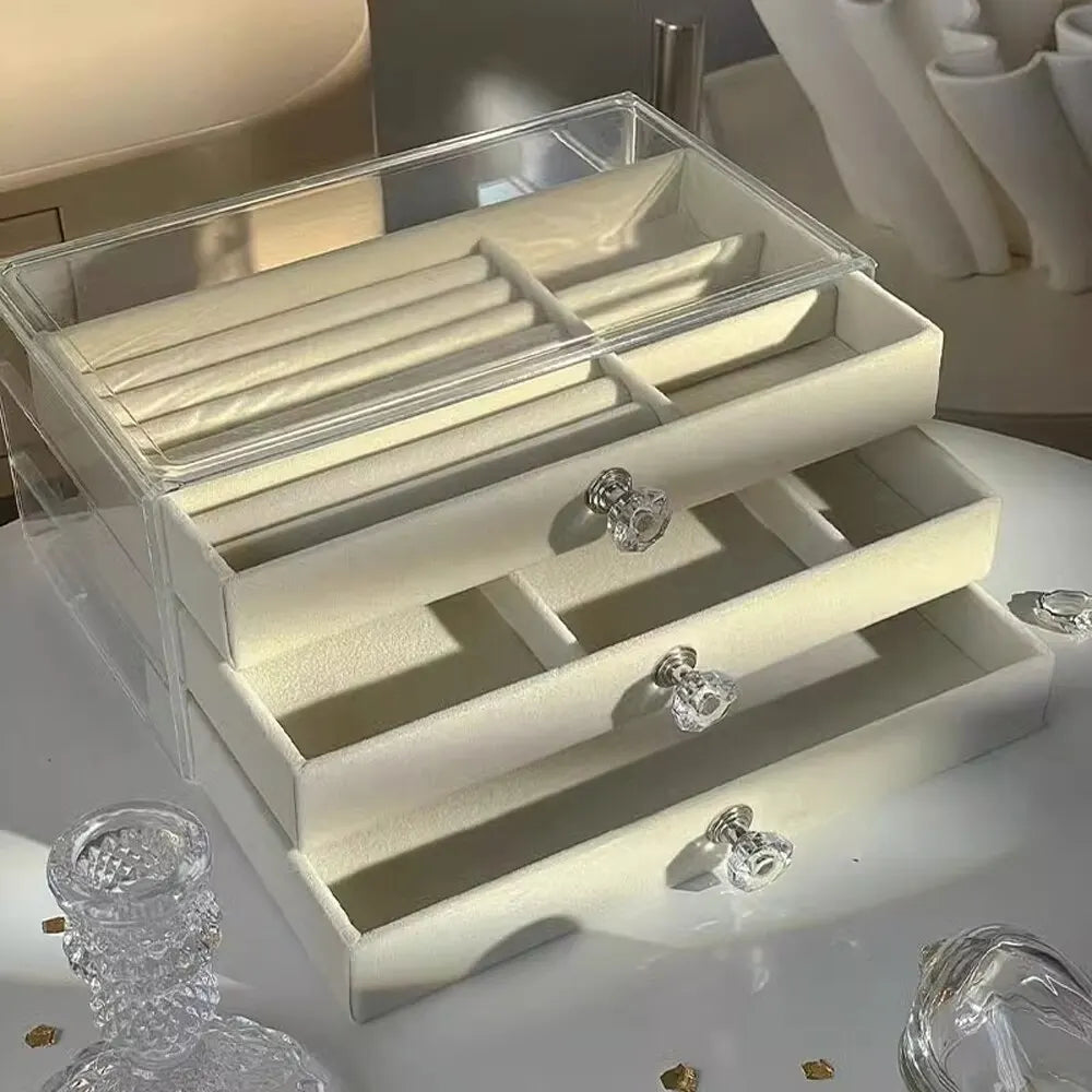 3-Layer Flannel Jewelry Box with Drawers – Earrings, Necklaces & Rings Organizer