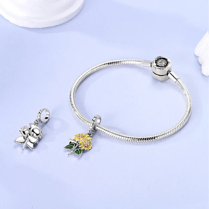 925 Sterling Silver Sunflower & Lucky Stars Charm – Sun Moon Diamond DIY Jewelry